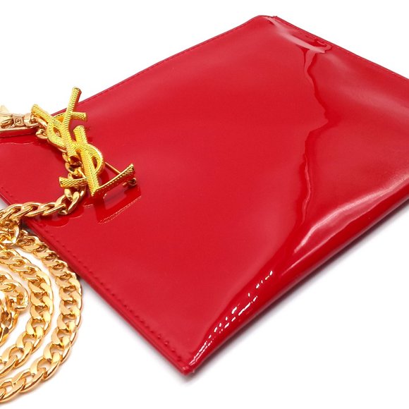 Yves Saint Laurent Red Leather Clutch Shoulder Bag YSL Pin Purse Gold-to… - Picture 8 of 13